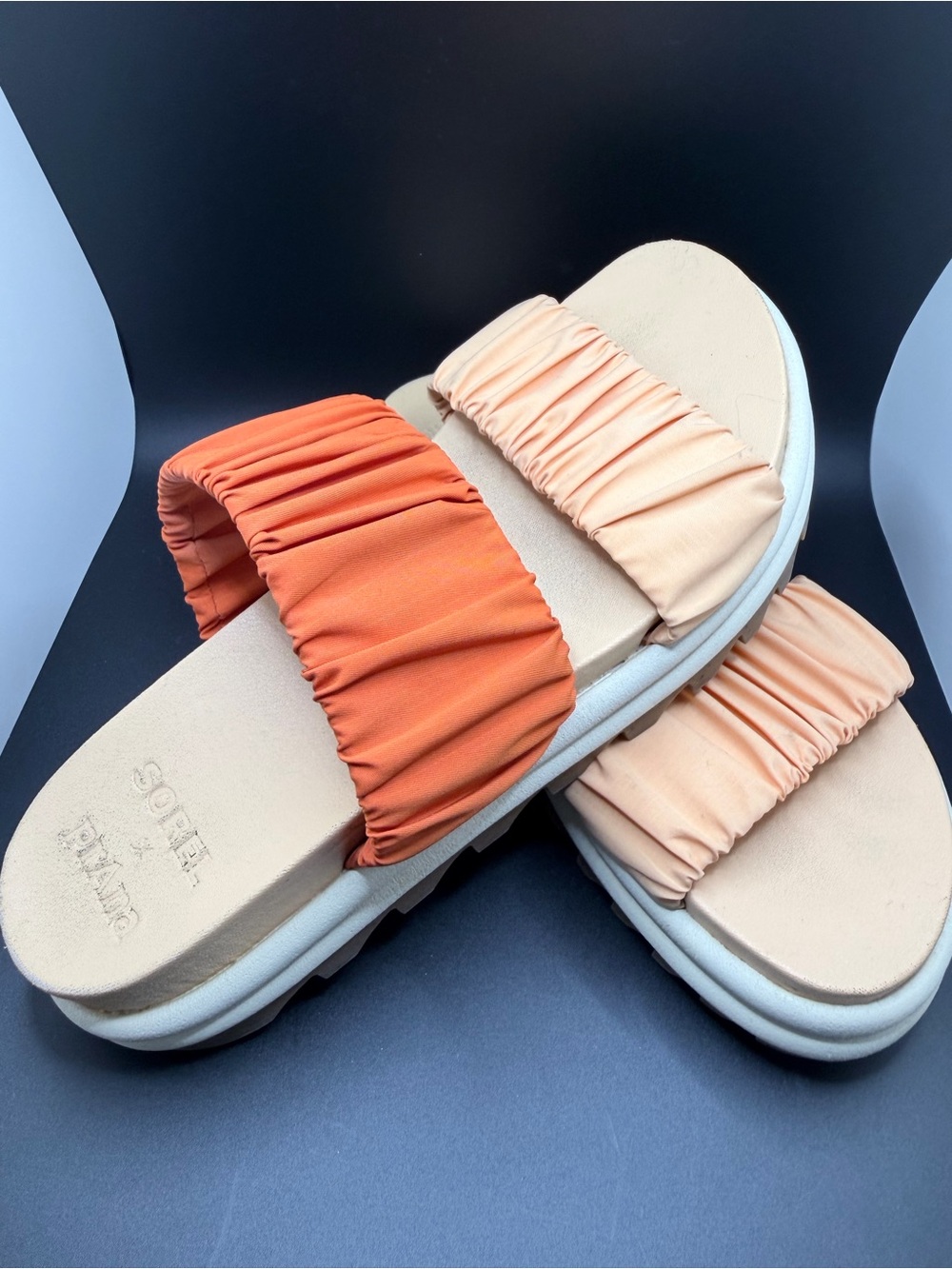 Sorel Ruched Two-Band Slide Sandals in Orange and Peach - Picture 3 of 10